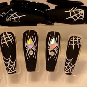 Stilleto Coffin Spider Holographic Rhinestone Spder Press On Nails